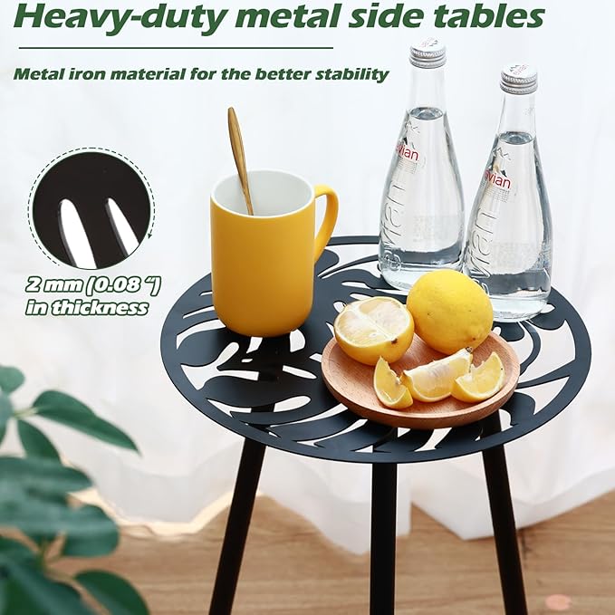 2 Packs Metal Outdoor Side Tables Small Outside End Table for Patio Round Accent Garden Corner Table for Small Spaces, Balcony, Porch Plant Stand Indoor