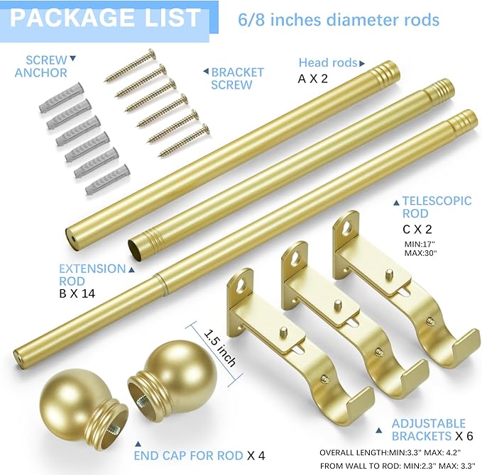 Curtain Rods for Windows 16 to 136 Inches, Curtain Rod Max Adjustable Length of 144 IN, 6/8" Diameter Drapery Rods Round Finials, Warm Gold, Pack of 2