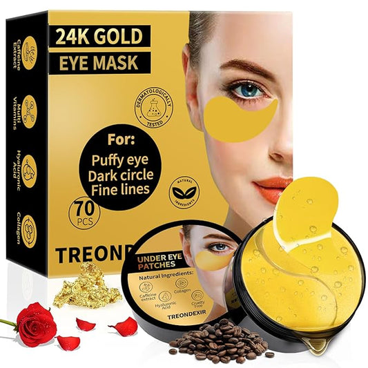 24K Gold Eye Masks for Dark Circles and Puffiness 70PCS, Under Eye Patches for Puffy Eyes Treatment, Under Eye Gel Pads w/ Collagen, Caffeine, Peptides for Eye Bags Treatment, Gel Eye Mask Skincare