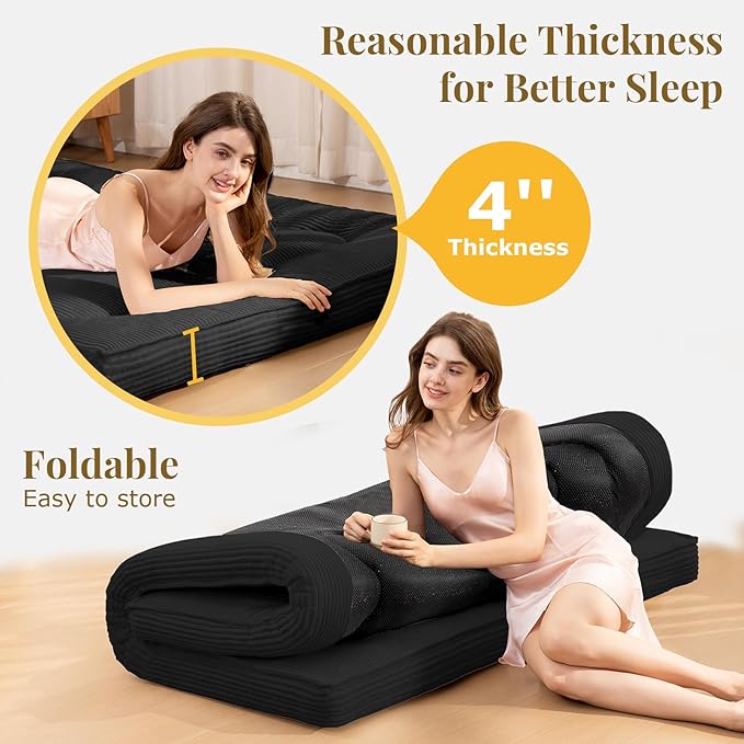 Japanese Floor Mattress, 4" Thicken Futon Mattress Twin Size Sleeping Pad, Corduroy Foldable Mattress Pad Roll Up Tatami Mat Floor Mattress for Adults（Black）