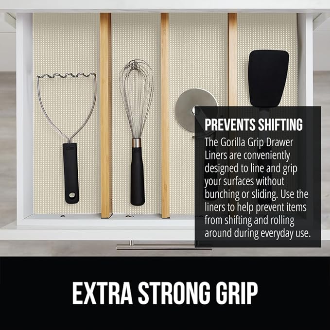 GORILLA GRIP powerGRIP Drawer Shelf and Cabinet Liner, Thick Strong Hold, Non-Adhesive Liners Protect Kitchen Cabinets and Cupboard, Bathroom Drawers, Easy Install, Breathable Mat, 20" x10', Cream