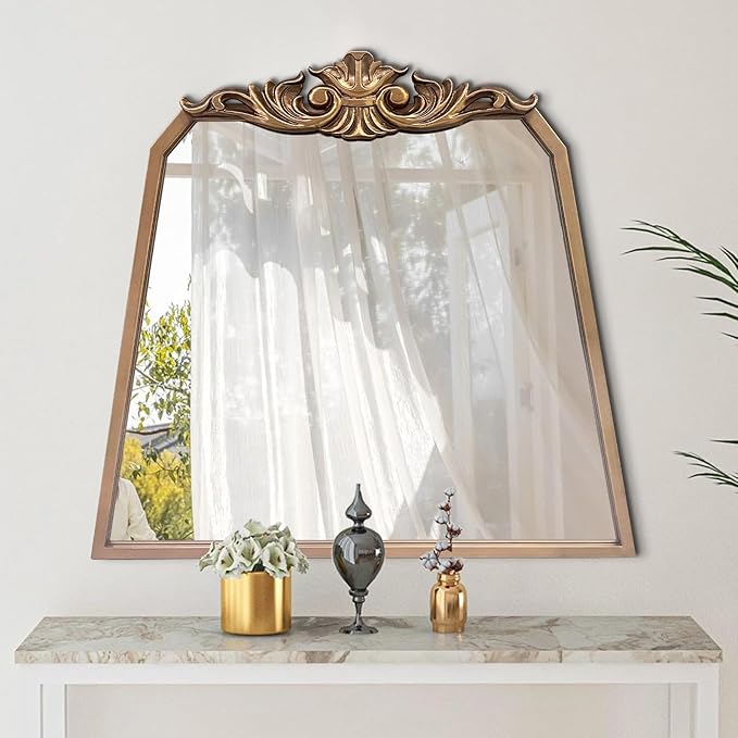 POZINO Gold Arch Mirror, 30"x35" Antique Mirror with Ornate Crown Molding, Vintage Decorative Mirrors for Bathroom Bedroom Entryway Fireplace Living Room