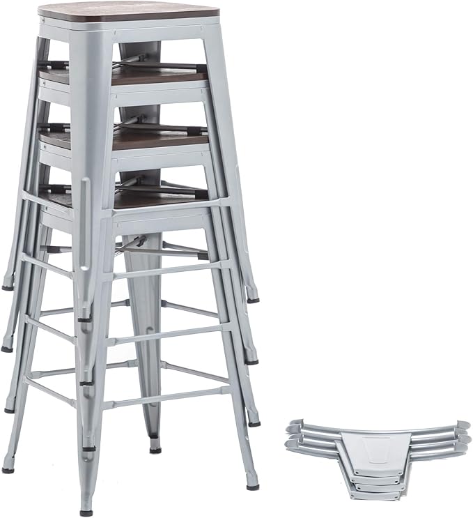 Yongqiang 30 inch Bar Stools Set of 4 Farmhouse Bar Height Stools High Back Kitchen Bar Chairs Silver Metal Barstools with Wooden Seat…