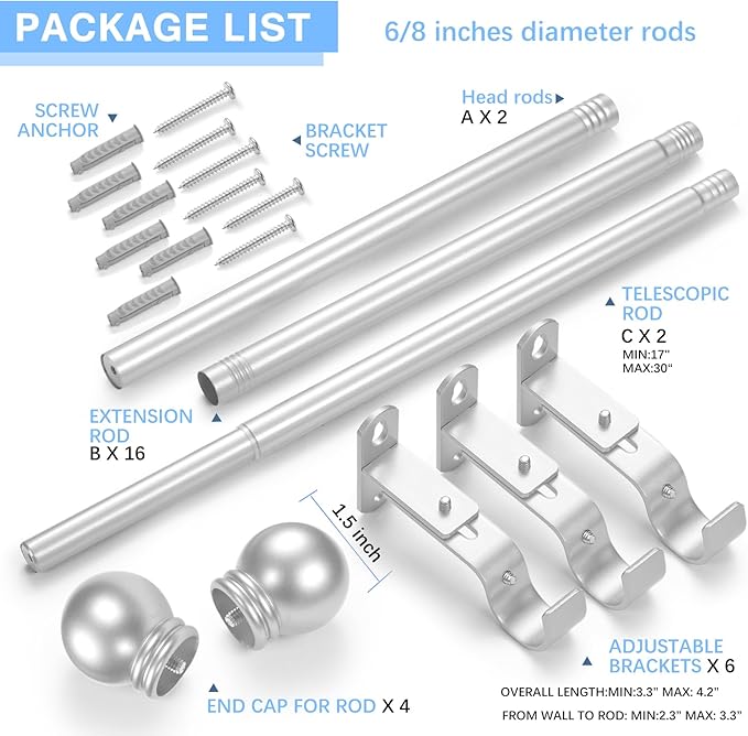 Curtain Rods for Windows 16 to 150 Inches, Curtain Rod Max Adjustable Length of 160 IN, 6/8" Diameter Drapery Rods Round Finials, Satin Silver, Pack of 2
