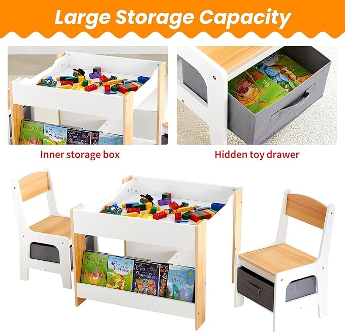 Asweets Kids Table and Chair Set,4 in 1 Toddler Desk with Storage Drawer,Wooden Activity Table for 2 in 1 Detachable Tabletop,Bookshelf,Suitable for Classroom,Home,Nursery,Playroom (Pure White)