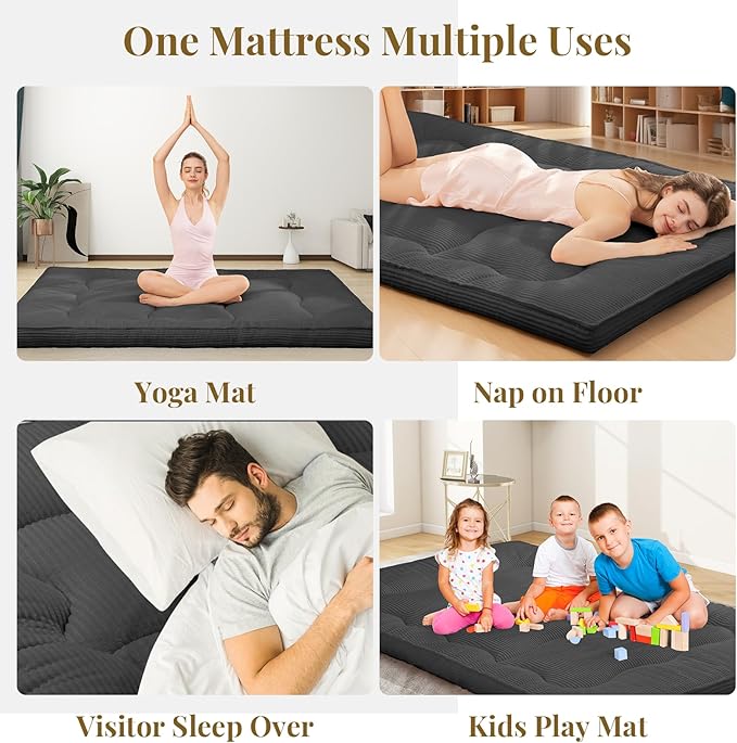 Japanese Floor Mattress, 4" Thicken Futon Mattress Full Size Sleeping Pad, Corduroy Foldable Floor Pad, Roll Up Tatami Mat for Adults Guest Room Bedroom, Grey