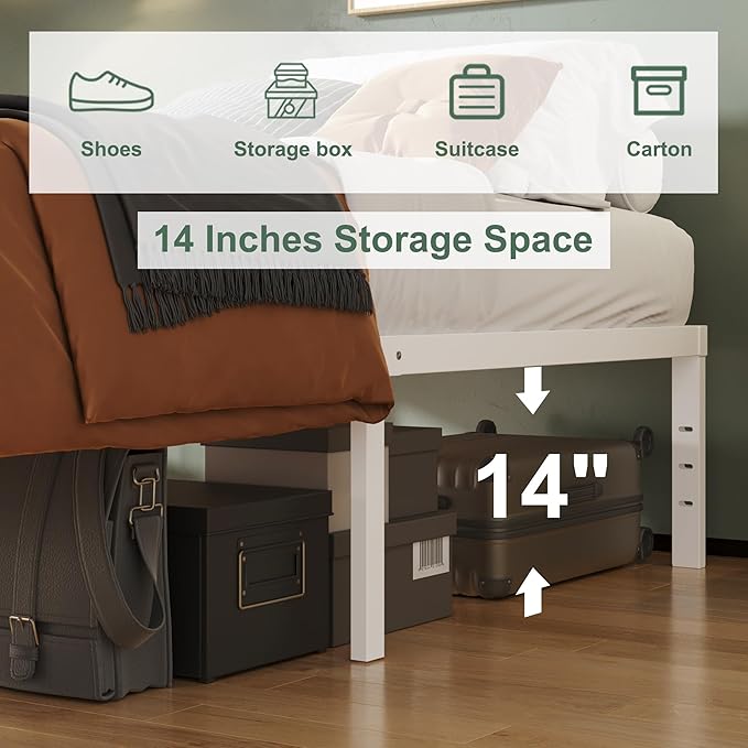 16 Inch White Full Size Bed Frame No Box Spring Need, Metal Platform Full Bed Frames with High Storage, Eassy Assembly 3,500 lbs Heavy Duty Bedframes