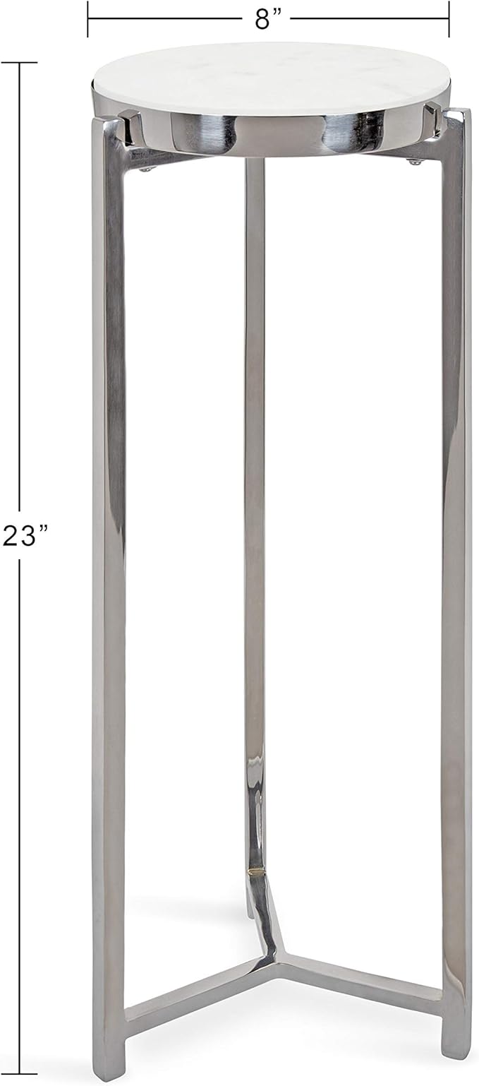 Kate and Laurel Aguilar Glam Round Drink Table, 8 x 8 x 23, Silver and White, Small Accent Table for Use as Plant Pedestal Stand with Marble Tabletop