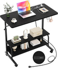 Armocity Height Adjustable Standing Desk with Power Outlets, 32" Manual Stand Up Desk with Storage Shelves Small Mobile Rolling Computer Desk Portable Laptop Table with Wheels for Home Office, Black