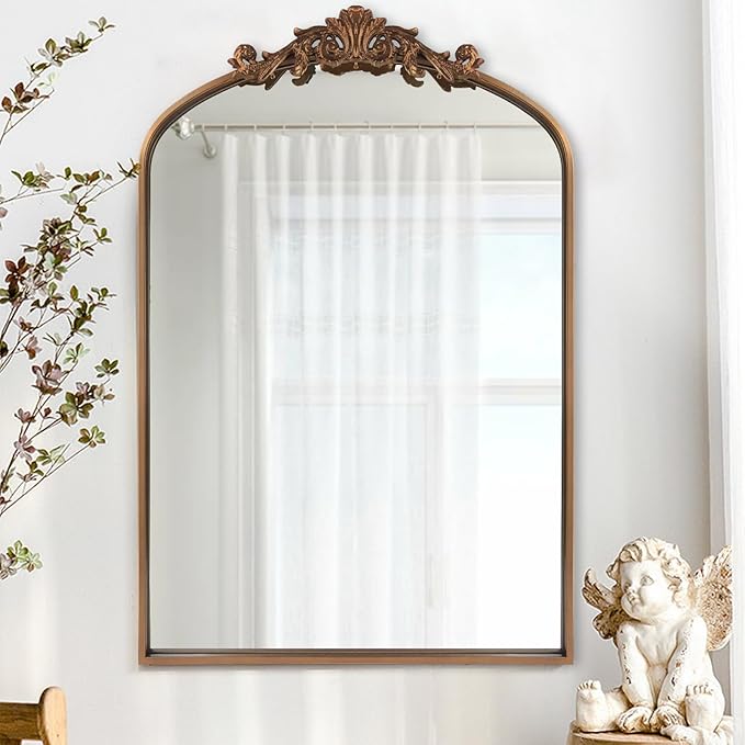WAMIRRO Antique Mirror,Gold Traditional Vintage Ornate Baroque Arched Brass Mirrors Entryway/Fireplace/Living Room/Hallway/Bathroom 24"X36"
