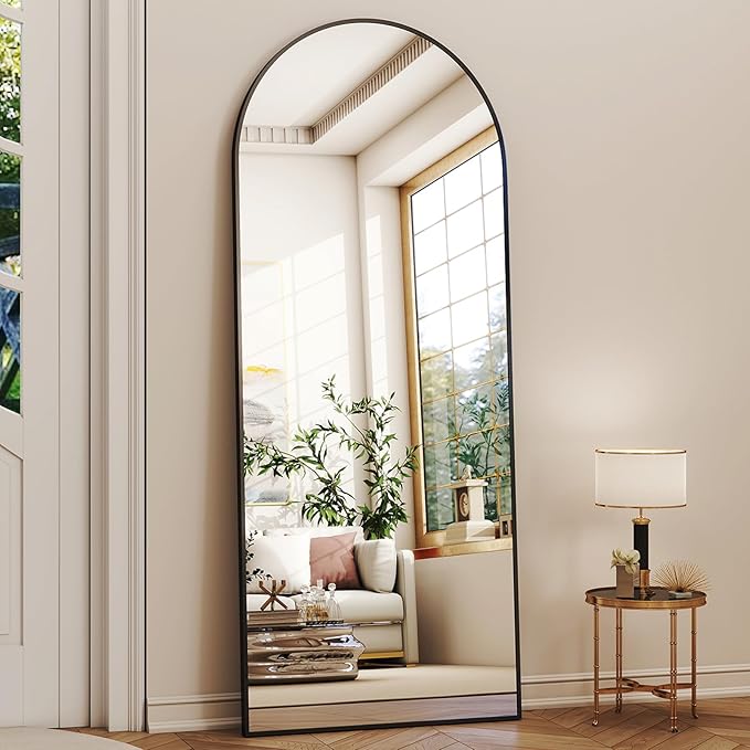 56"x21" Arched Full Length Mirror Floor Mirrors with Aluminum Alloy Frame Free-Standing Wall Mounted Floor Mirrors or Large Dressing Mirror, Black Mirror Full Length