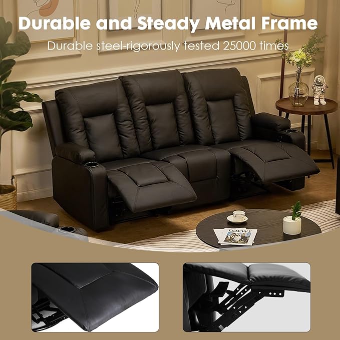 LUCKLIFE Leather Recliner Sofa Set with Manual Recliners,Living Room Furniture Set with Reclining Couch,Loveseat and Armchair,Living Room Chair with Cup Holders,Black (3+2+1)