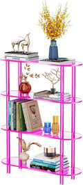 Clear Bookshelf, Acrylic Bookcase with Open Book Shelf Console Table for Entryway Office (4 Tier Pink)