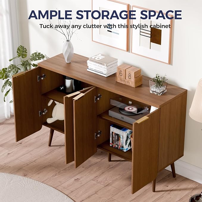 47.2" Buffet Cabinet with 4 Doors, Accent Sideboard Cabinet with Adjustable Shelf, Dining Room Sideboard with Waveform Panel, Credenzas for Living Room, Hallway, Walnut