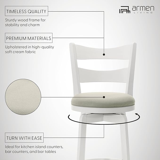 Armen Living Blair 26 in. Matte White Counter Height Rubberwood Swivel Barstool with Fog Fabric Seat - Set of 4