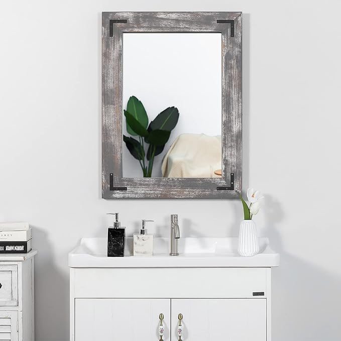 YOSHOOT Rustic Wooden Framed Wall Mirror, 40"x30", Natural Wood Bathroom Vanity Mirror for Farmhouse Decor, Vertical or Horizontal Hanging