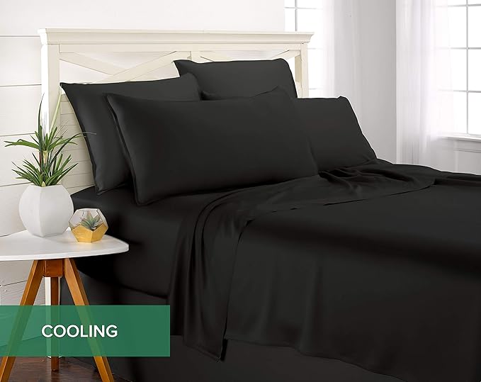 Queen Sheets by Pure Bamboo, Genuine 100% Organic Viscose Derived from Bamboo Bed Sheet Set, Luxuriously Soft & Cooling, Double Stitching, Lifetime Quality Promise (Queen, Black)