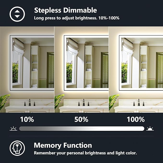 66x40 Inch LED Bathroom Mirror with Lights (Front Lit and Backlit) Black Framed Lighted Vanity Mirror for Bathroom Wall Dimmable Anti-Fog Memory Tempered Glass Horizontal/Vertical