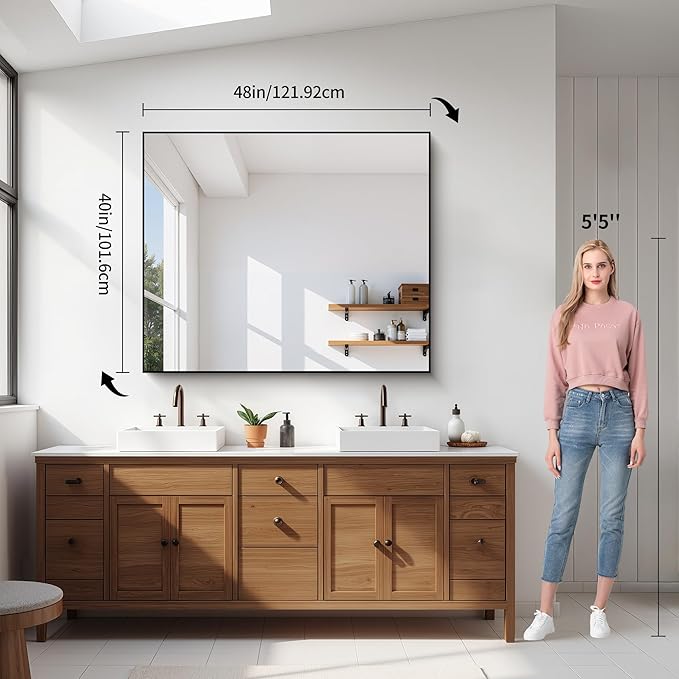 YIROMAN Bathroom Mirror for Wall 48"x40", Large Matte Black Bathroom Mirror with Metal Frame, Rectangular Vanity Mirror with Right Angles, Wall Mirror Hangs Horizontal or Vertical, Shatterproof