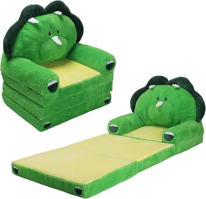 Foldable Kids Couch Toddler Backrest Armchair 2 In 1 Flip Open Sofa Bed for Chidren, Cartoon Comfy Soft Kids Chair, Steady Lightweight Toddlers Sofa Bed for Bedroom Livingroom Playroom Dinosaurs