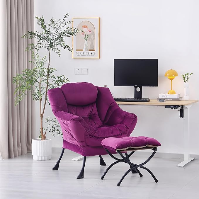 Lazy Chair with Ottoman, Modern Accent Chair Lounge Leisure Sofa Chair with Armrests, Reading Chair and Folding Footstool Set for Living Room, Bedroom, Office