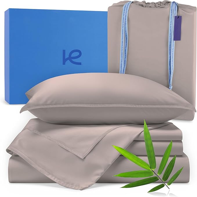 Kickoff Viscose Bamboo Sheets Queen Size 4-pc 100% Organic Bamboo Viscose Bed Cooling Sheets Queen Size Set Cool Bedding for hot Sleepers Sheet, Flat, Fitted, Pillowcases (Grey Mist, Q)