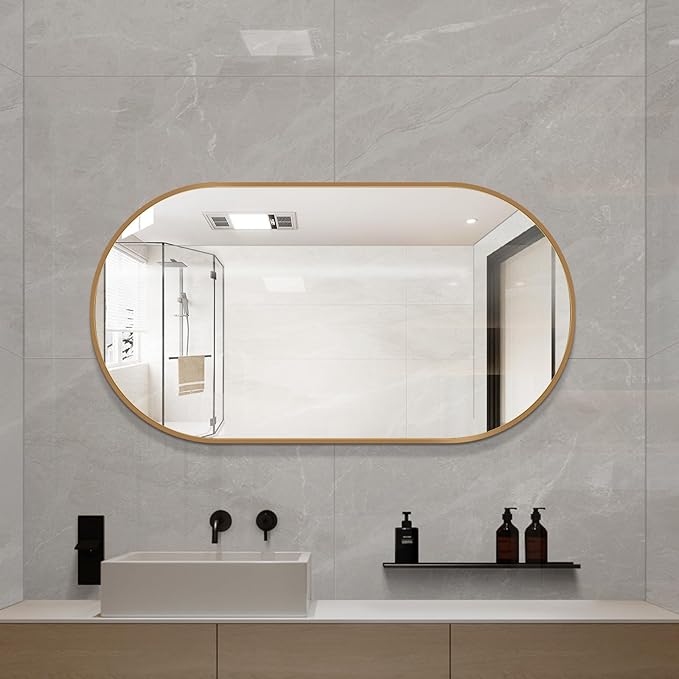 LAIYA 36x22inch Oval Wall Bathroom Mirror with Golden Aluminum Frame,Wall Mounted Oval Vanity Mirrors， Explosion-Proof Glass, Waterproof Design, Easy Installation，Horizontally/Vertically