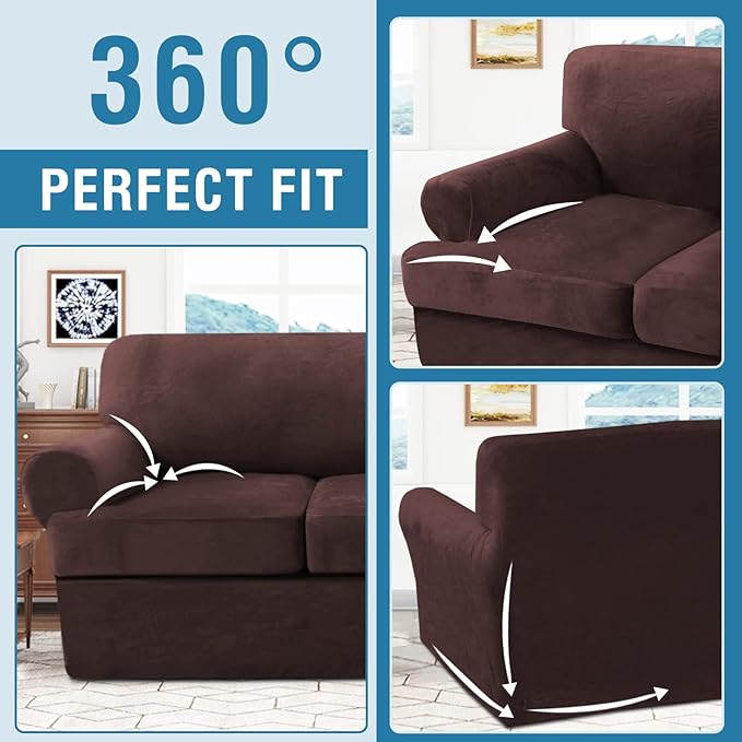 H.VERSAILTEX Sofa Cover 4 Piece T Cushion Sofa Slipcovers Thick Velvet Couch Cover Furniture Protector Stretch T Cushion Sofa Covers for 3 Cushion Couch with 3 Individual T Cushion Covers, Brown