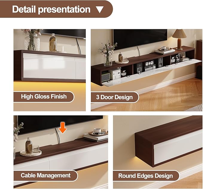 Floating TV Stand High Gloss,47'' Wall-Mounted TV Cabinet,Floating TV Console,Under TV Shelf with 3 Doors for Living Room Bedroom(Walnut+White)