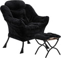 Fabric Lazy Chair with Ottoman, Oversized Upholstered Sofa Chair for Adults, Plush Comfy Lounge Chair with Large Side Storage Pocket, Reading Chair for Living Room, Bedroom, Study Room, Black