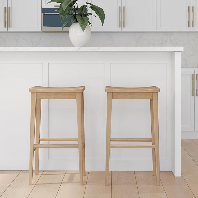 Plank+Beam Smythe Bar Stool, 30", Set of 4, Sturdy Wood Modern Kitchen Bar Height Stool, Saddle Seat Backless Bar Chair, Metal Footrest, Blonde