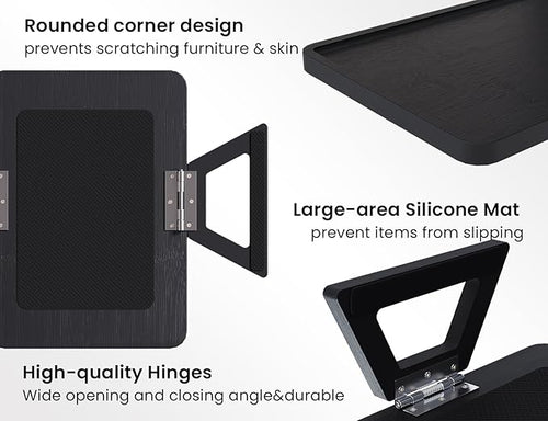 2 Pack Couch Arm Tray,Bamboo Folding Sofa Tray,Sofa Armrest Trays Clip-On Couch Desk for Drinks,Snacks,Phone,Remote Control（Black）