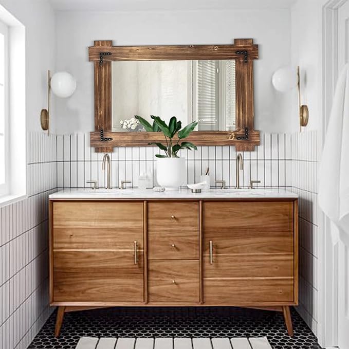 MeMoreCool Rustic Wooden Framed Wall Mirror, Farmhouse Decorative Vanity Mirror, Wall Mounted Rectangular Mirror for Bathroom, Bedroom, or Living Room, 40x28 Inches