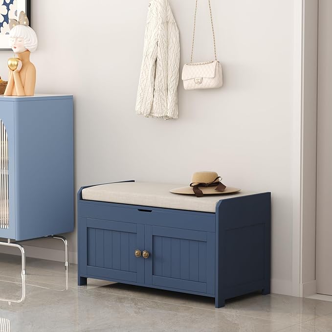 HOMEFORT 30" Shoe Bench with Lift Top Storage, Entryway Bench with Cushioned Seat, Wooden End of Bed Bench, Shoe Cabinet Bench with Hidden Storage Space, for Bedroom, Hallway, Blue