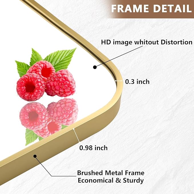 Brushed Gold Mirror, 30"x36" Rectangle Bathroom Mirror, Metal Frame Rectangle Corner Vanity Mirror, Wall Mounted Mirror for Modern, Living Room, Bedroom, Horizontal Or Vertical