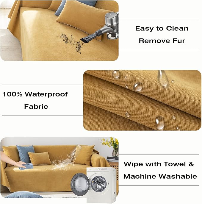 STACYPIK Waterproof Yellow Sofa Cover for Dogs, Non-Slip Anti-Scratch Couch Cover for Loveseat, Pet Protector for 2 Cushion Couch,L Shaped Couch for Sectional, Washable Furniture Bed Cover-71X118IN