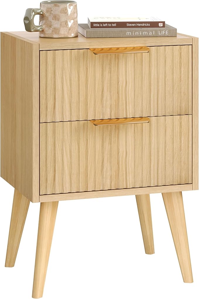 Fluted Nightstand with 2 Drawers,Modern Bedside Table with Metal Handles,White Side Table with Solid Wood Legs,Mid Century End Table for Living Room,Bedroom,Natural CTG55Y