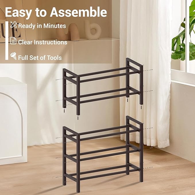 Haddockway Bamboo Shoe Rack for Closet, Free Standing Shoe Organizer with Smooth Round Rods & Convenient Handles, Stackable Shoe Storage Shelf for Entryway, Hallway(Brown, 5-Tier(Small))