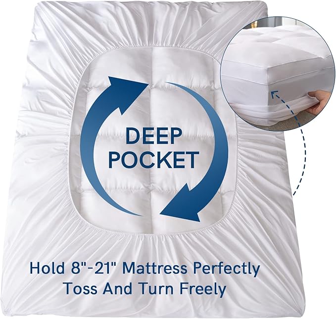 ELEMUSE Super/Olympic Queen Mattress Topper for Back Pain, Extra Thick Mattress Pad Cover, Plush Soft Pillowtop with Elastic Deep Pocket, Overfilled Down Alternative Filling
