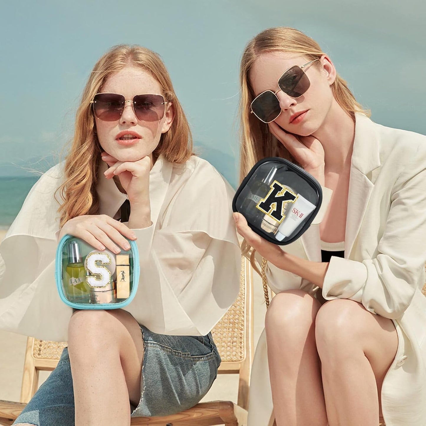 YOOLIFE Initial Make Up Bag Travel Toiletry Bag, Clear Makeup Bag Preppy Cosmetic Bags Organizer Travel Essentials Gifts for Women Teen Girlfriend Teacher Teen Gifts Party Bag Small Makeup Bag Blue M