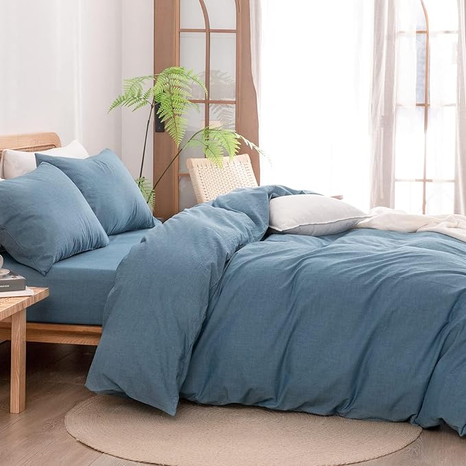 BESTOUCH Duvet Cover Set 100% Washed Cotton Linen Feel Super Soft Comfortable Chic Lightweight 3 PCs Home Bedding Set Solid Dark Blue Oversized Full