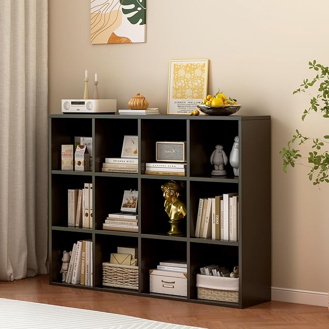 12-Cube Storage Shelf Bookcase - Wooden 3-Tier Floor Standing Open Bookshelf for Home and Office, Display Cabinet, Black