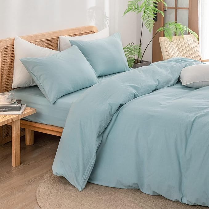 BESTOUCH Duvet Cover Set 100% Washed Cotton Linen Feel Super Soft Comfortable Chic Lightweight 3 PCs Home Bedding Set Solid Hushed Green Oversized Full