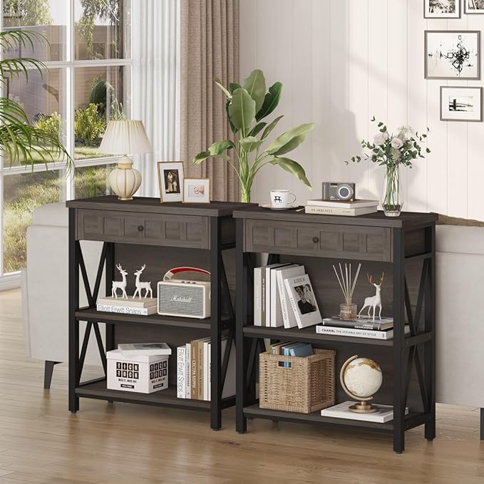 FATORRI Rustic Small Bookshelf, Industrial Wood Book Shelf with Drawer, 3 Shelf Bookcase for Small Space, Low Book case for Living Room, Home Office (Walnut Brown)