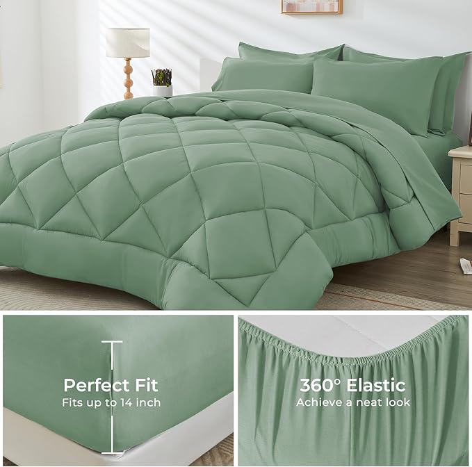 HEVUMYI Light Green Cali-King Comforter Set - 7-Piece All Season Bed in a Bag Cali-King, Ultra Soft Bedding Set with Comforter, Flat Sheet, Fitted Sheet, Pillowcases, Pillow Shams