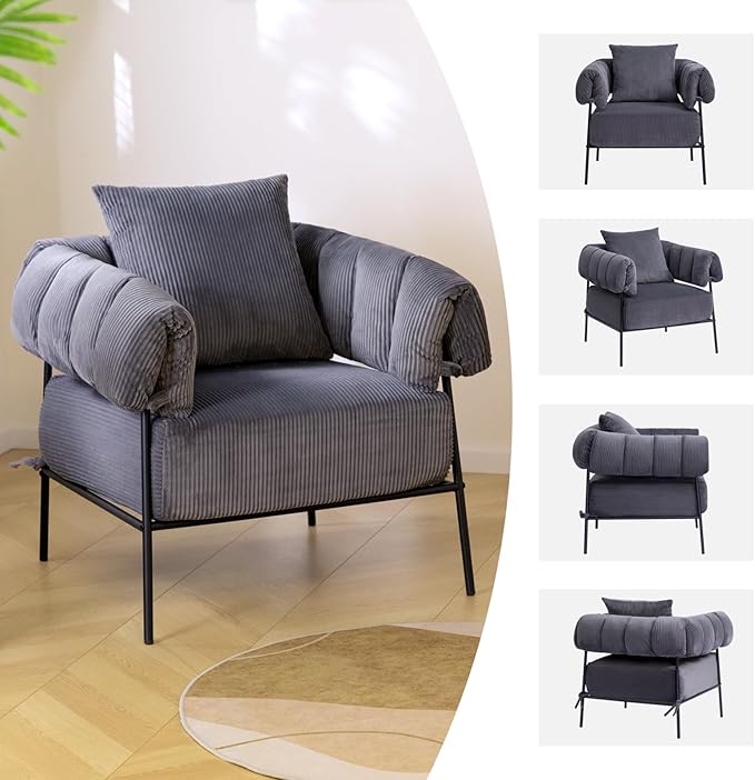 HollyHOME Modern Velvet Accent Chair with Ottoman, Upholstered Comfy Reading Chair and Footstool,Large Lazy Armchair with Stool, Lounge Sofa for Living Room, Bedroom, Dark Grey