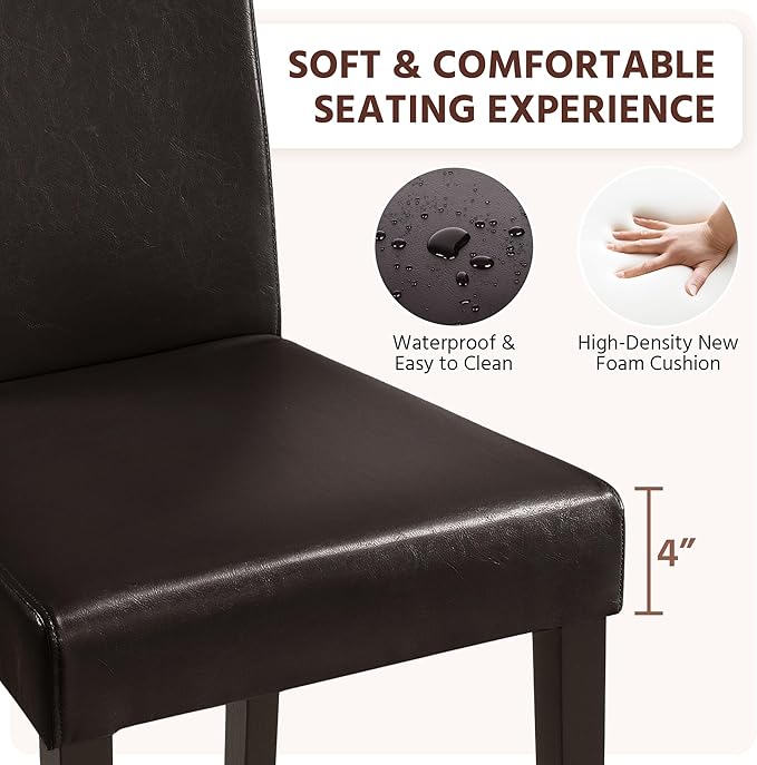 Yaheetech Dining Chairs Set of 4 PU Leather Dining Room Chairs with Waterproof Surface and Wood Legs for Kitchen Restaurant and Living Room, Dark Brown