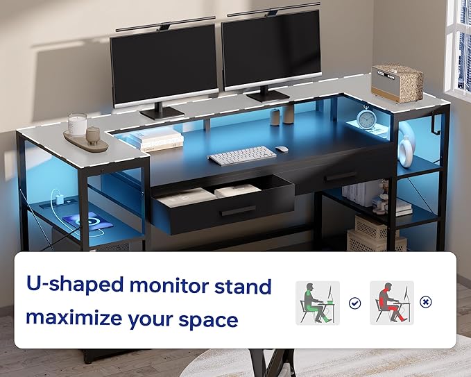 Pamray 58 Inch Computer Desk with Monitor Stand and Shelves Gaming Desk with LED Lights & Power Outlets PC Vanity Table with 2 Drawers for Home Office Pink
