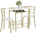 VECELO 3-Piece Dining Table Set for Kitchen Breakfast Nook, Wood Grain Oval Tabletop and Metal Frame with Built-in Wine Rack, for Small Spaces, White & Gold