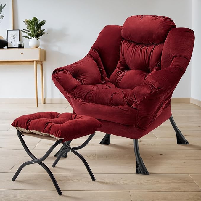 Lazy Chair with Folding Ottoman Modern Large Accent Chair,Contemporary Lounge Leisure Sofa Chair with Armrests Upholstered Sofa Armchair Reading Chair for Bedroom,Dorm&Office (Dusty Rose-f)